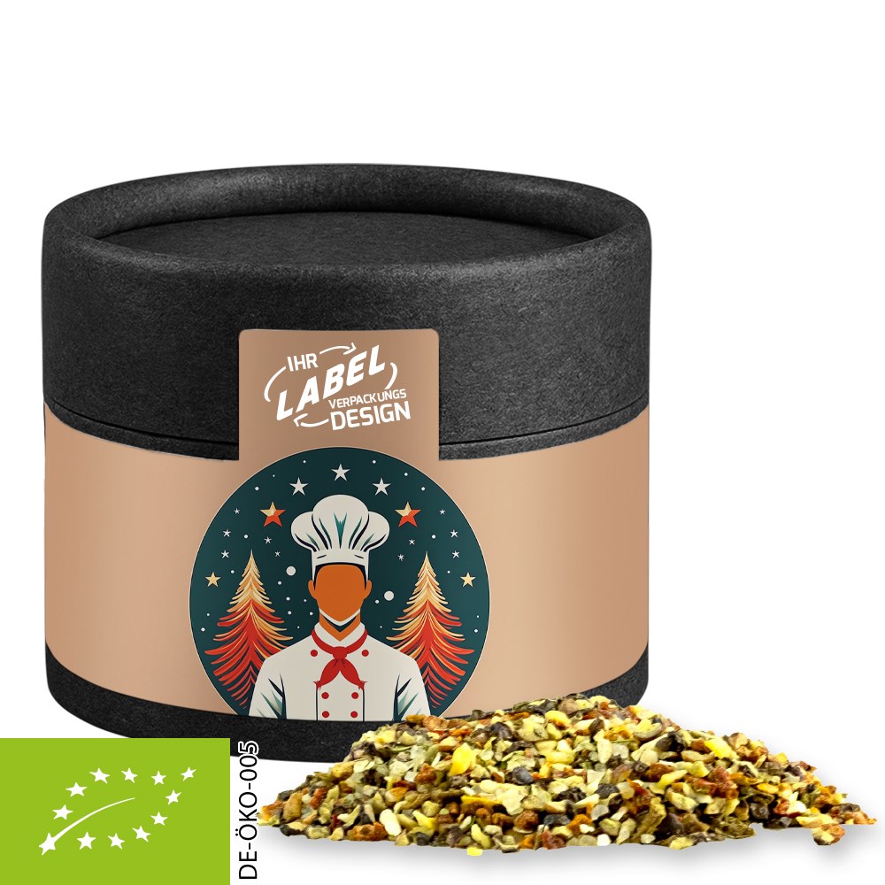 Bio Weihnachts Gewürzmischung Chefsache, ca. 30g, Biologisch abbaubare Eco Pappdose Mini schwarz