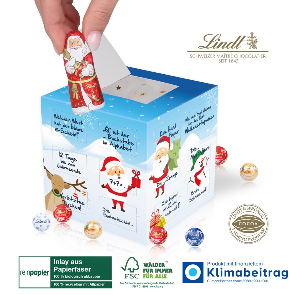 Adventskalender Lindt „Cube“ Organic mit Weihnachtsmann