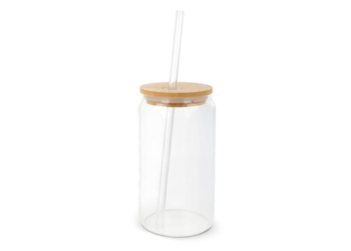 Glas mit Bambusdeckel &amp; Strohhalm 450ml