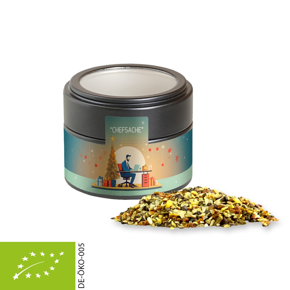 Bio Weihnachts Gewürzmischung Chefsache, ca. 50g, Metalldose Mini mit Sichtfenster schwarz