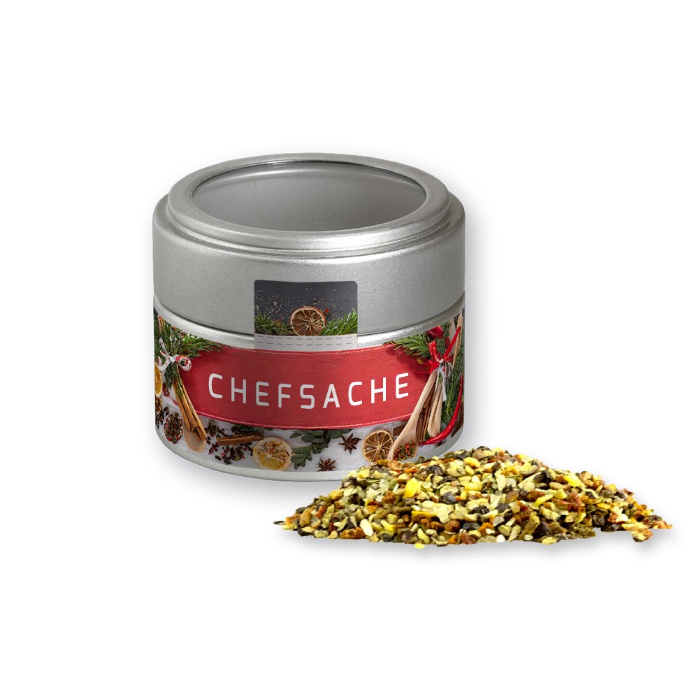 Weihnachts Gewürzmischung Chefsache, ca. 50g, Metalldose Mini mit Sichtfenster silber