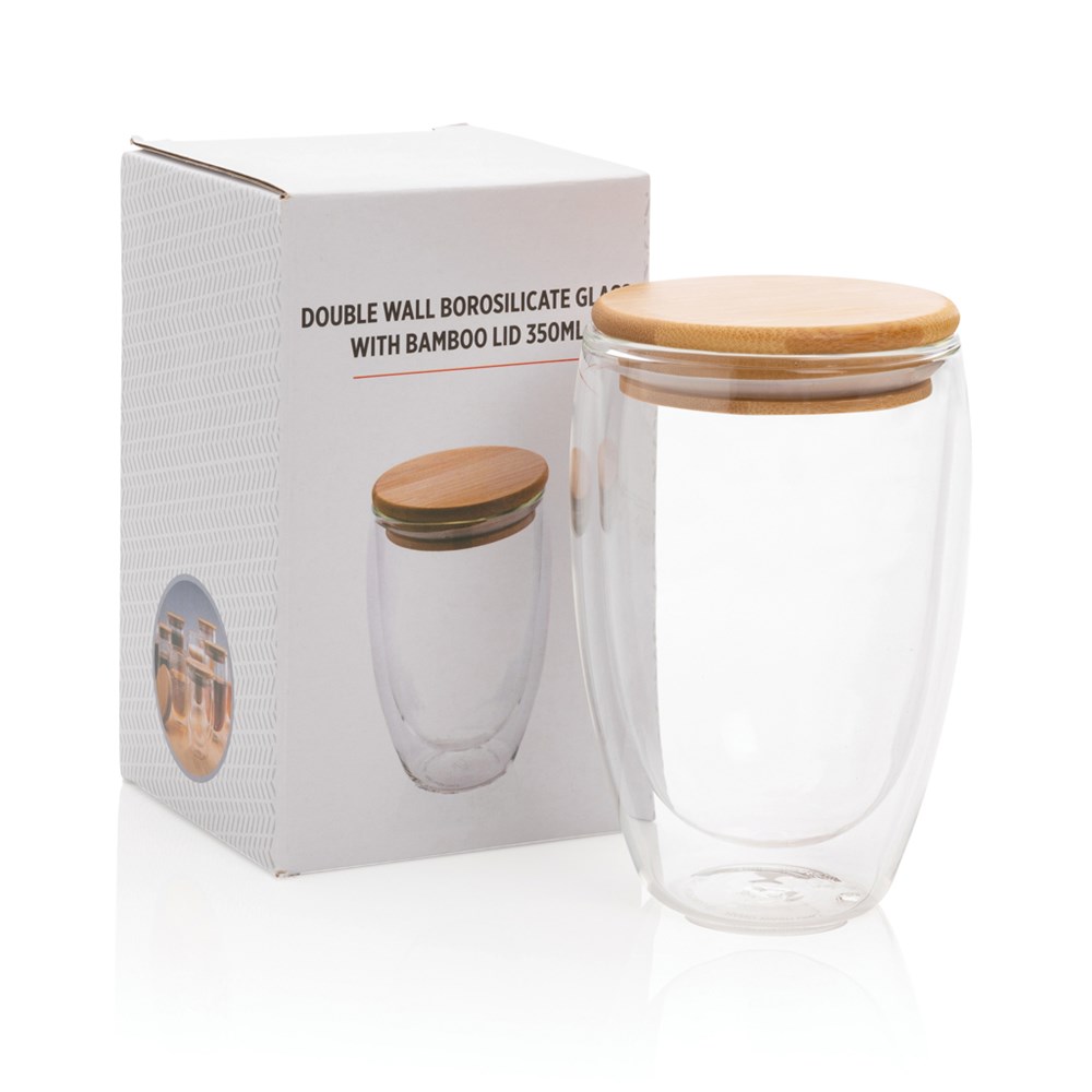 Doppelwandiges Borosilikatglas mit Bambusdeckel 350ml