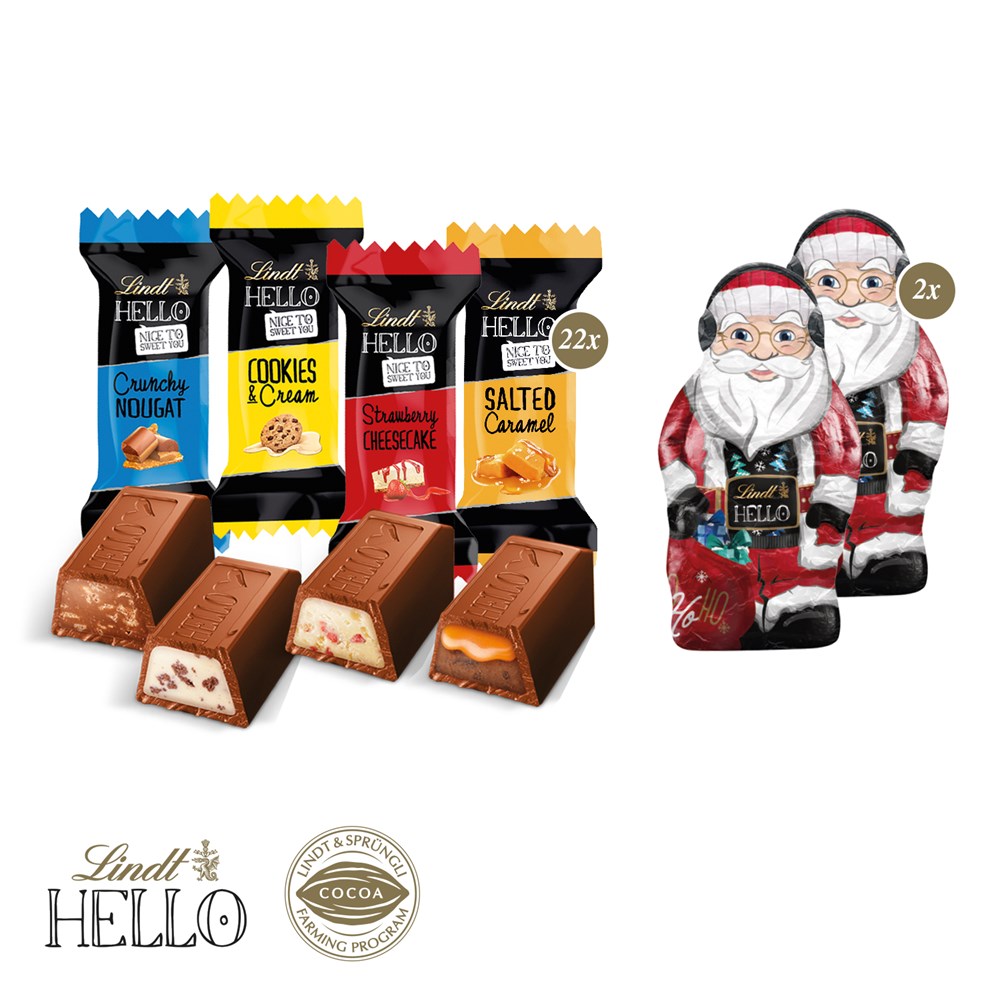 Adventskalender Lindt „HELLO“ Mini Stick Mix mit Santa, Inlay aus 100% recyceltem Material