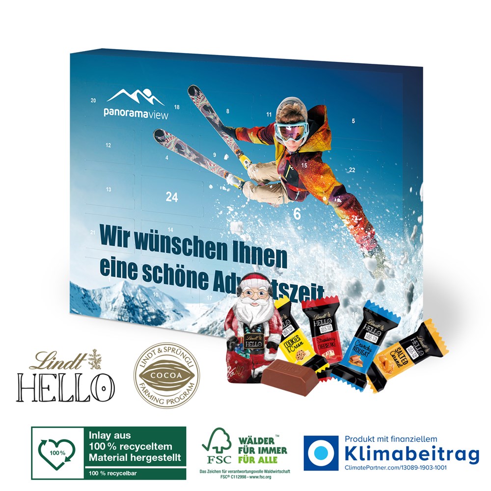 Adventskalender Lindt „HELLO“ Mini Stick Mix mit Santa, Inlay aus 100% recyceltem Material